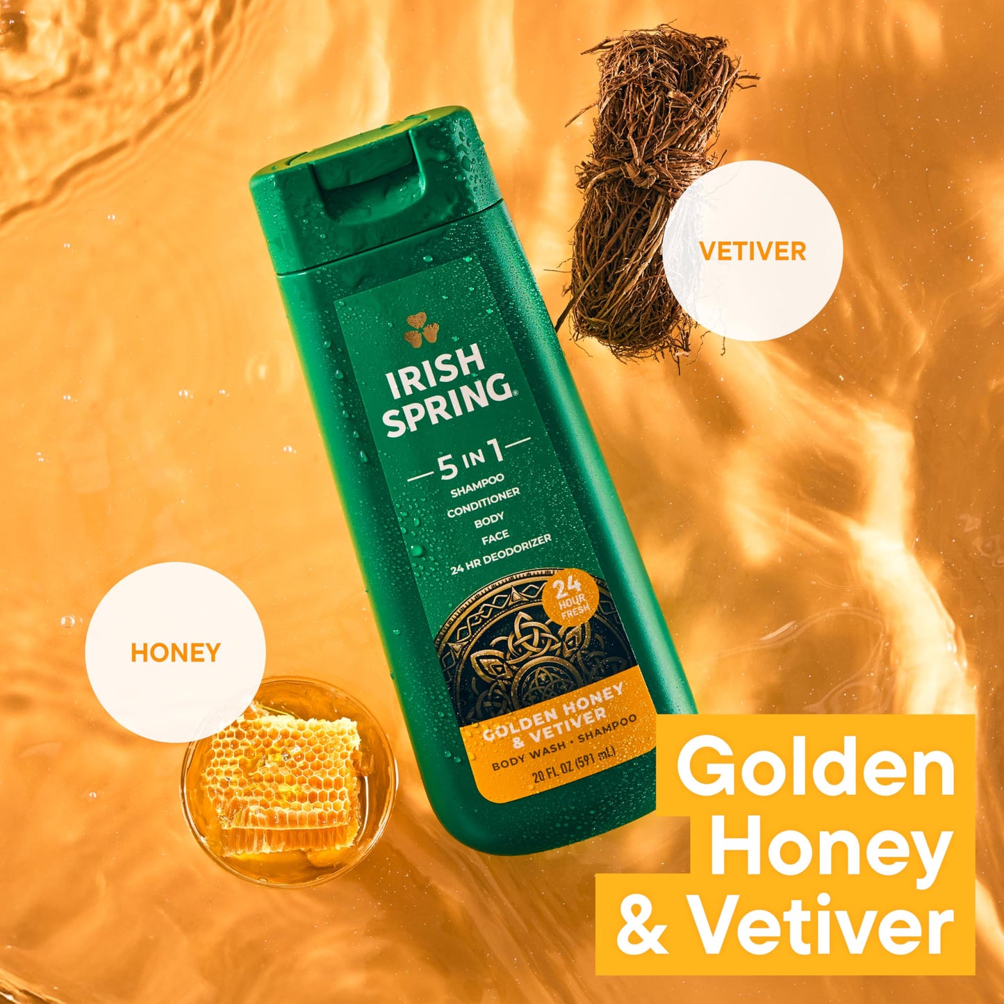 Irish Spring 5 in 1 Moisturizing Body Wash for Men, Shampoo, Conditioner, Body and Face Wash, and 24 Hour Deodorizer, Paraben-Free, Golden Honey & Vetiver Scent, 20 fl oz, 4 Pack