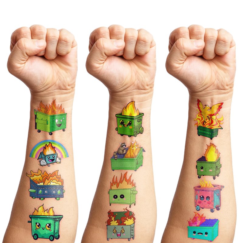 96PCS Dumpster Fire Temporary Tattoos Themed Birthday Party Favors Decorations Supplies Funny Garbage Trash Bin Firetruck Tattoo Stickers Gifts For Kids Boys Girls School Prizes Carnival Christmas
