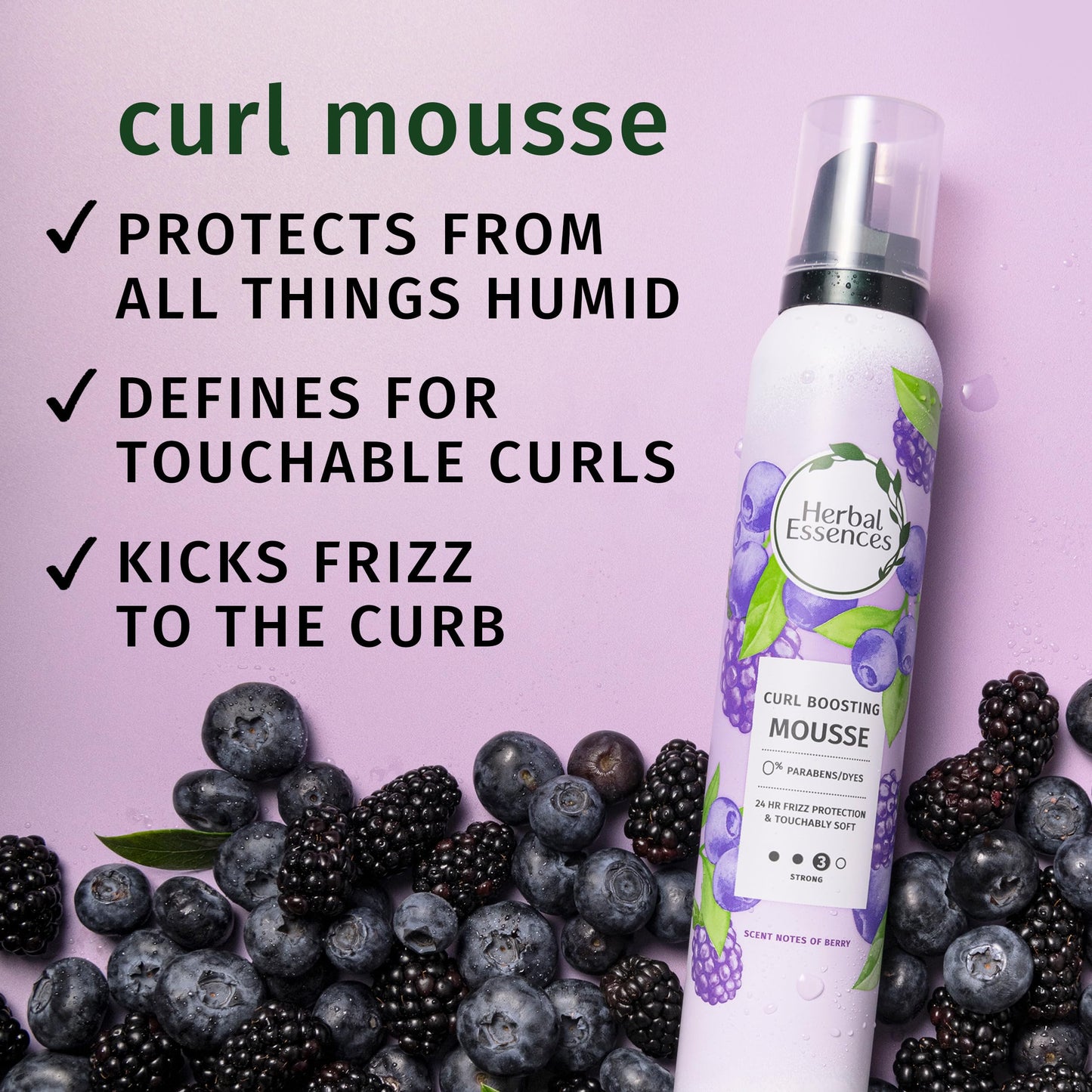 Herbal Essences Curl Boosting Mousse, Frizz Control for Curly & Wavy Hair, Long-Lasting Hold with Berry Scent, Paraben & Dye, Cruelty-Free, 6.8 Fl Oz Each, 3 Pack