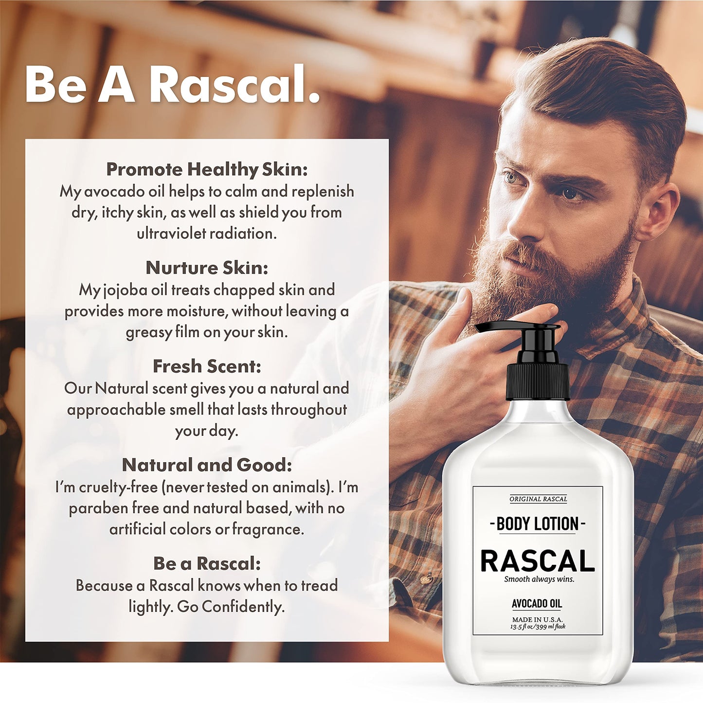 Rascal Body Lotion for Men - Avocado Oil & Jojoba Oil 13.3 Ounce