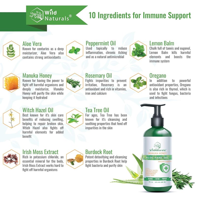 Wild Naturals Aloe Vera Gel Hand Cleaner - Organic Waterless Wash with Manuka Honey & Essential Oils | 8 oz