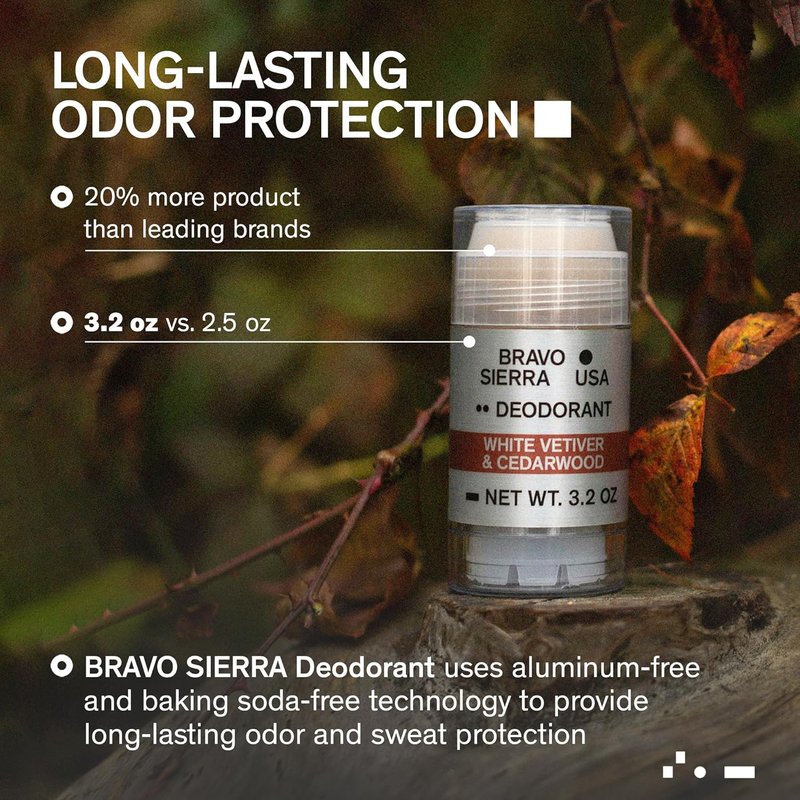 Bravo Sierra Aluminum-Free Deodorant for Men | Natural Ingredients for All-Day Odor & Sweat Protection - White Vetiver & Cedarwood, 3.2 oz