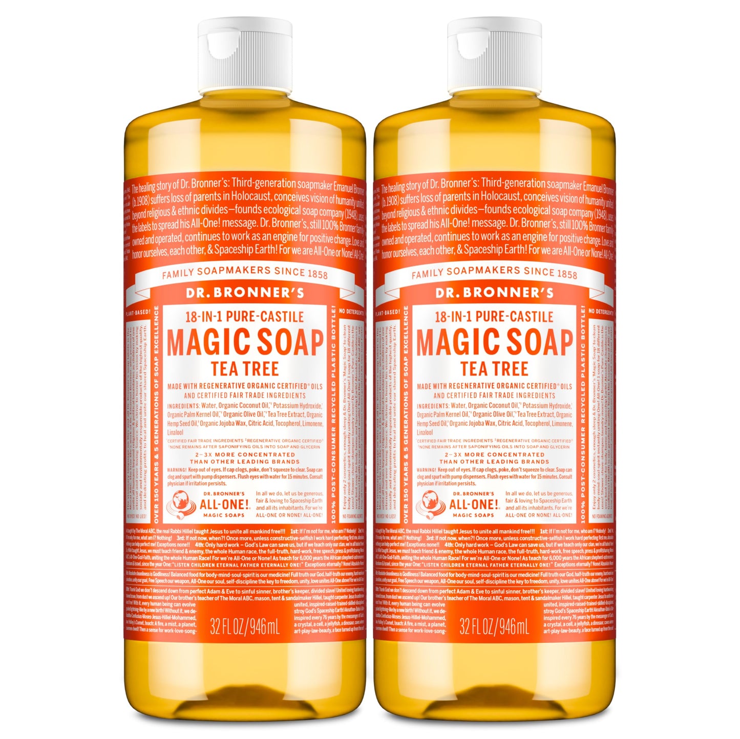 Dr. Bronner's Pure-Castile Magic Soap Liquid (Tea Tree, 32 ounce, 2-Pack) - Made with Regenerative Organic Certified Oils, 18-in-1 Uses: Body, Hair, Laundry & Dishes, Concentrated, Vegan, Non-GMO