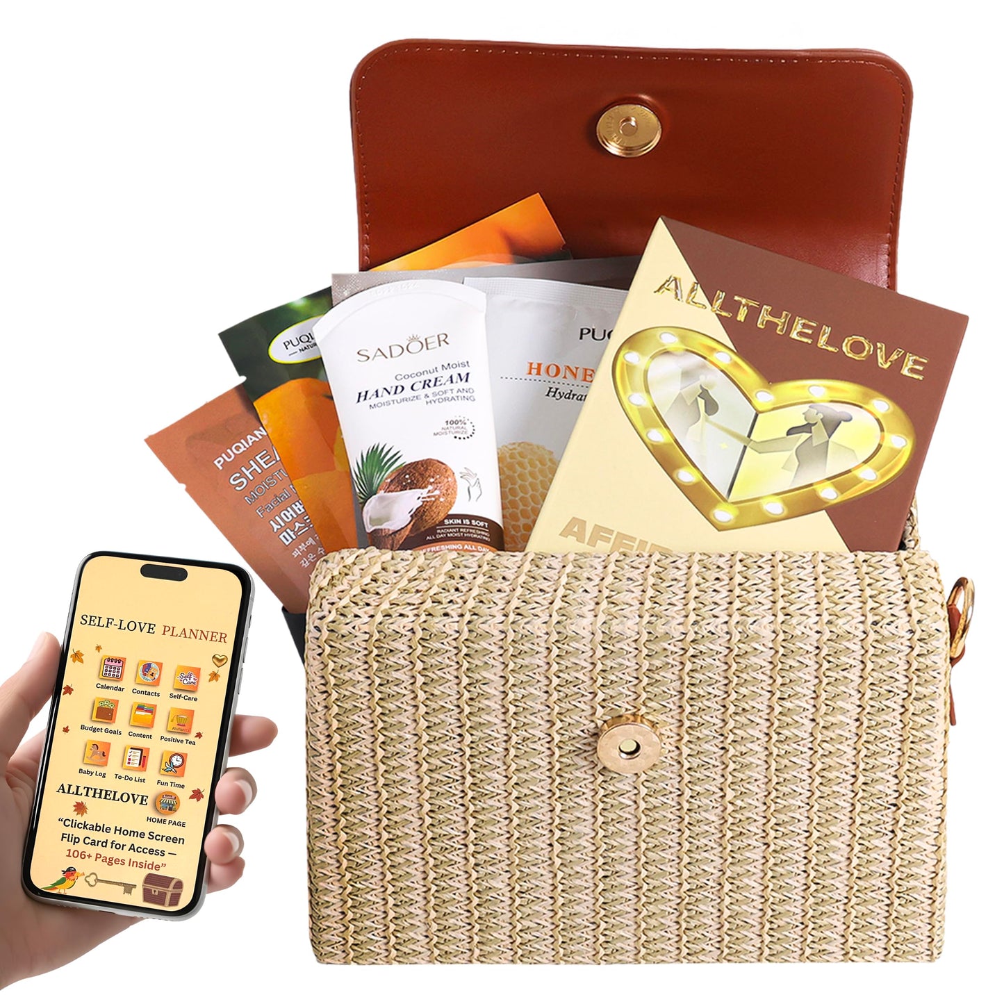 ALLTHELOVE New Mom Gift Basket, New Mom Care Package for Women, Postpartum Spa Gift Set with Rattan Purse, Affirmation Cards, Clickable Digital Planner, Face Masks & Lotion