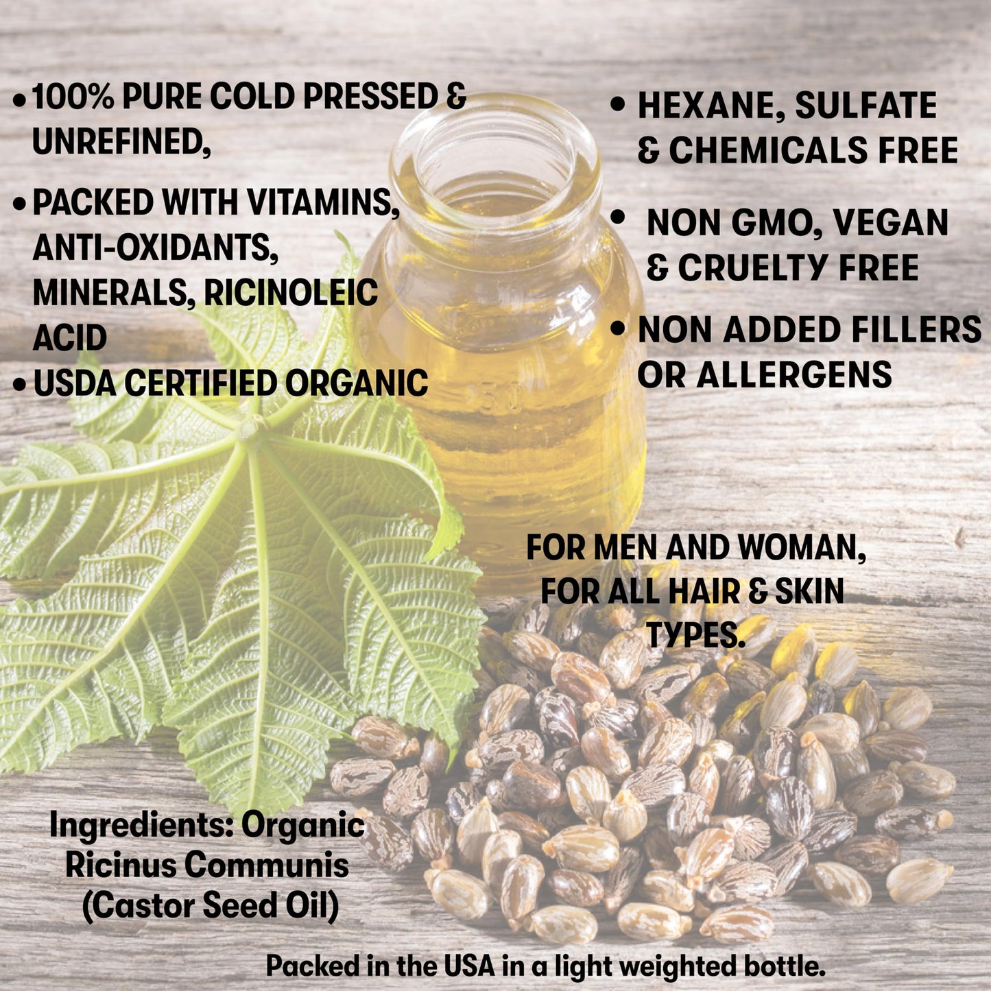 UsPureOrganics Premium Organic Castor Oil Cold Pressed Unrefined For Skin Scalp Hair Growth Eyelashes & Eyebrows, Therapeutic & Detox. Hexane & Chemicals Free 16Oz