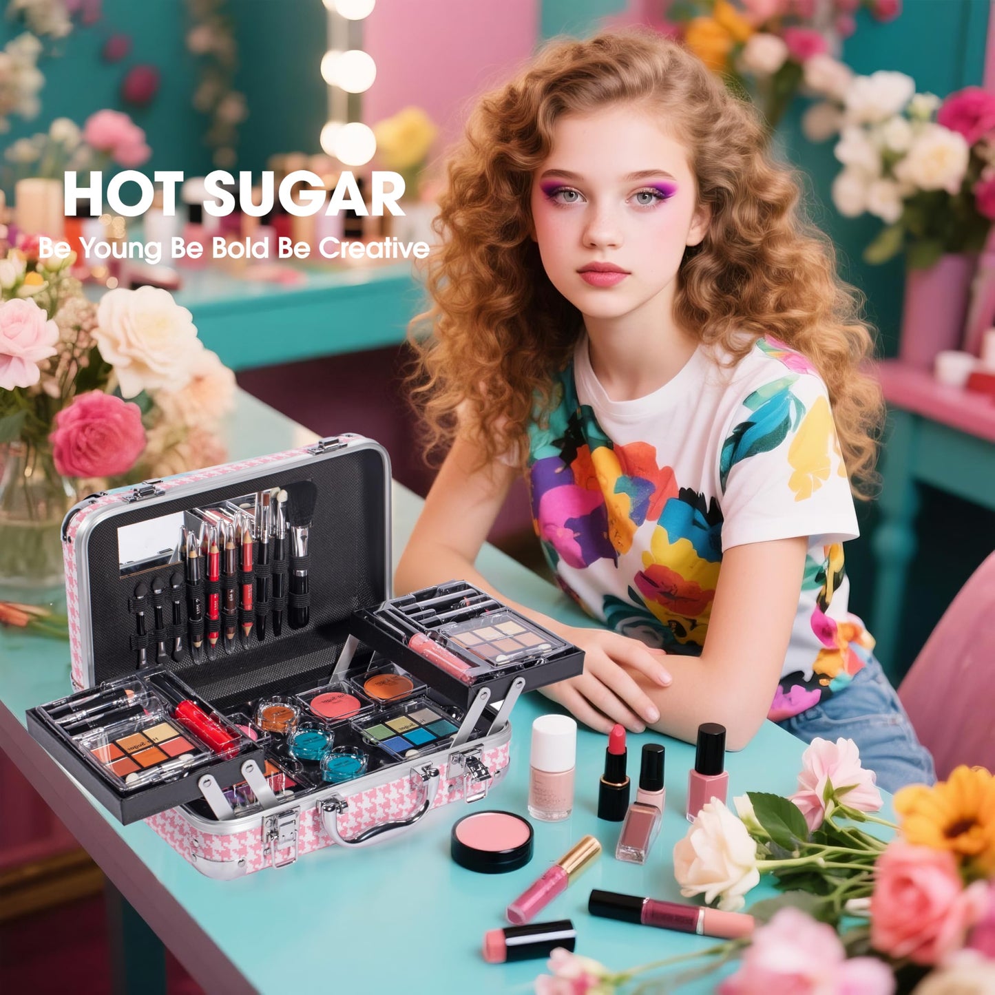 Hot Sugar All-in-One Makeup Kit for Adults and Girls (Pink Houndstooth)