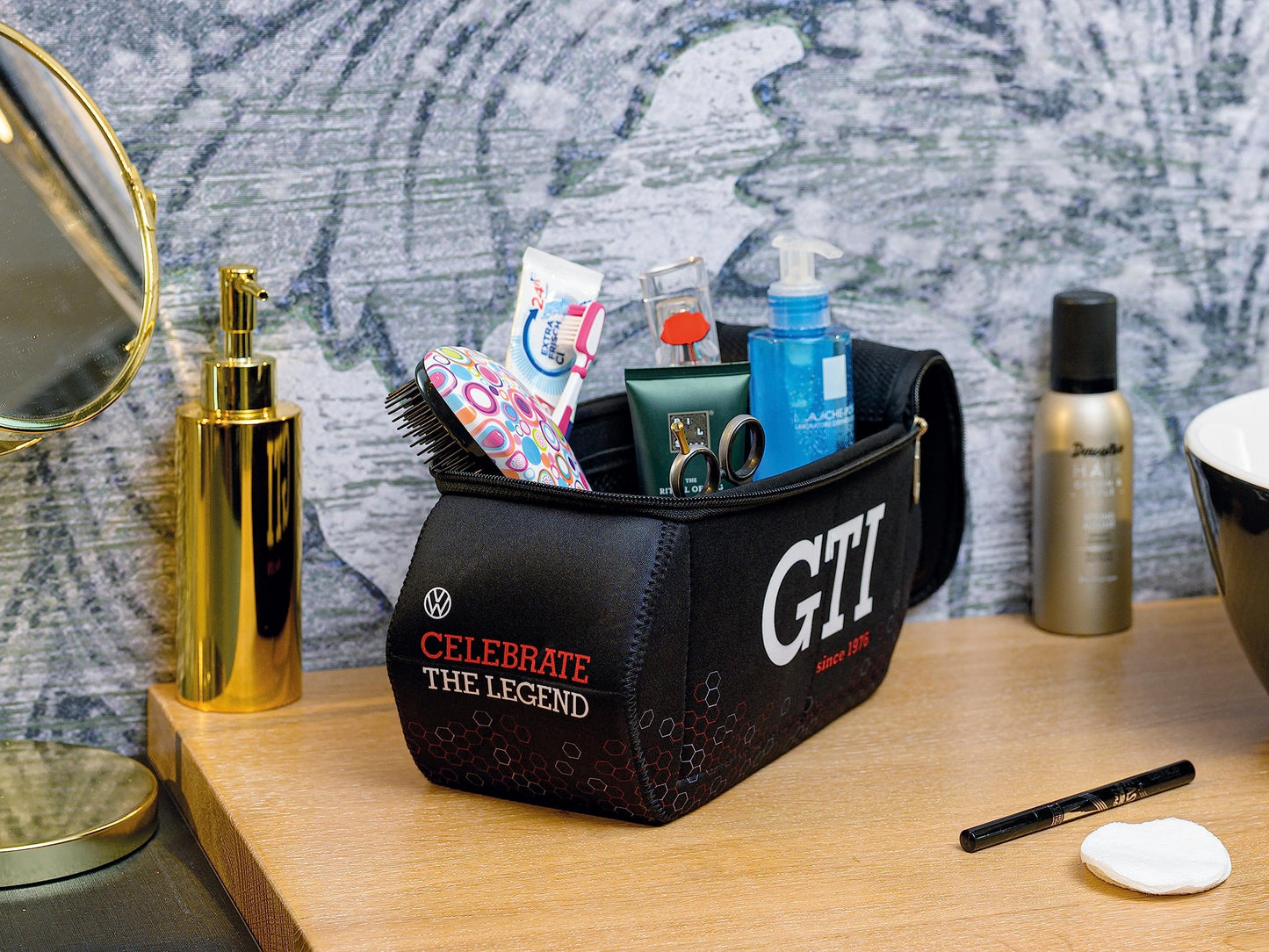 BRISA VW Collection - Volkswagen Neoprene Universal Makeup Cosmetics Toiletry Travel Pharmacy Bag in GTI Design (Hexagon/Black/Large)