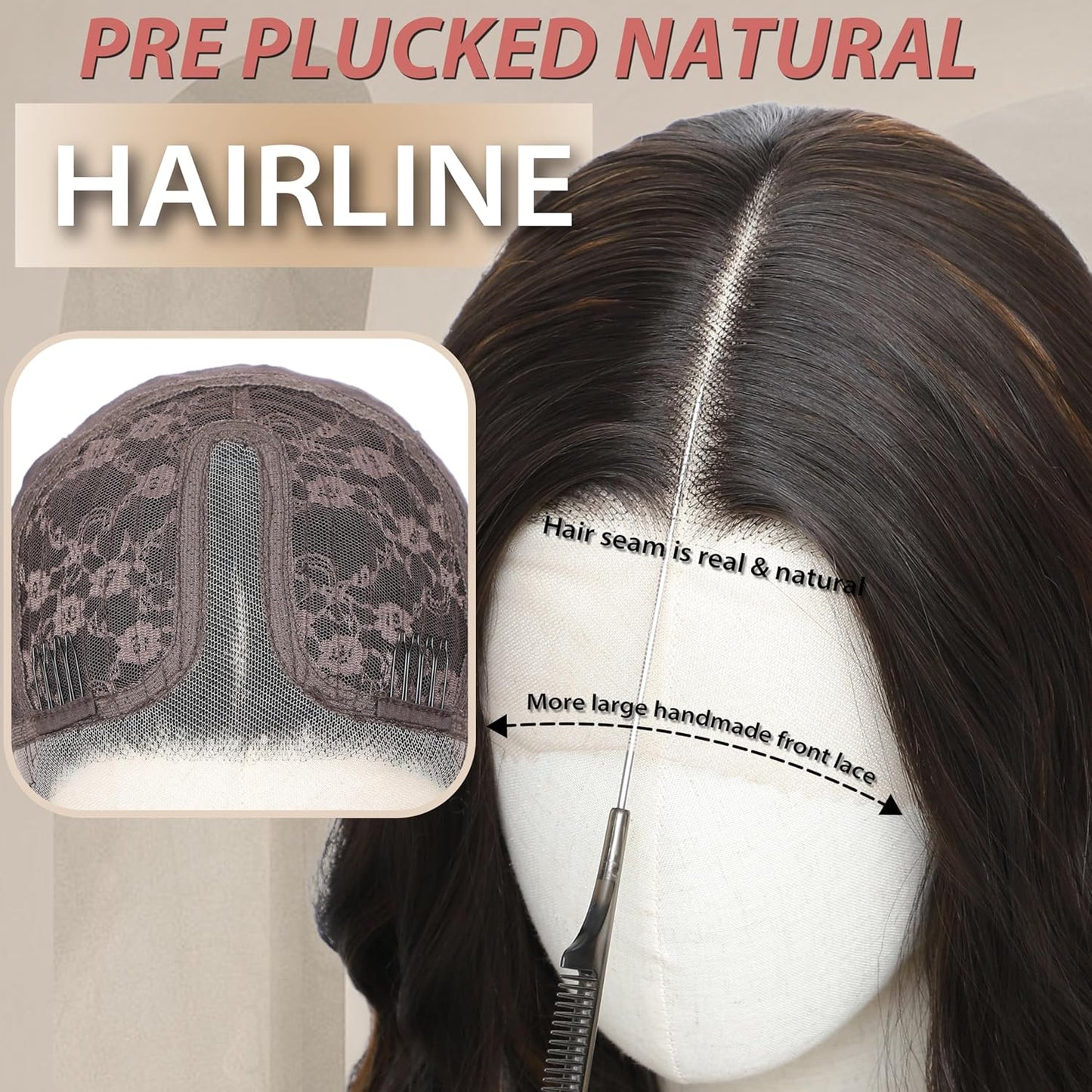 18-Inch Medium Length Wavy Synthetic Wig for Women - Brown Highlight Lace Front with Upgraded Elastic Straps | Perfect for Daily Wear & Halloween