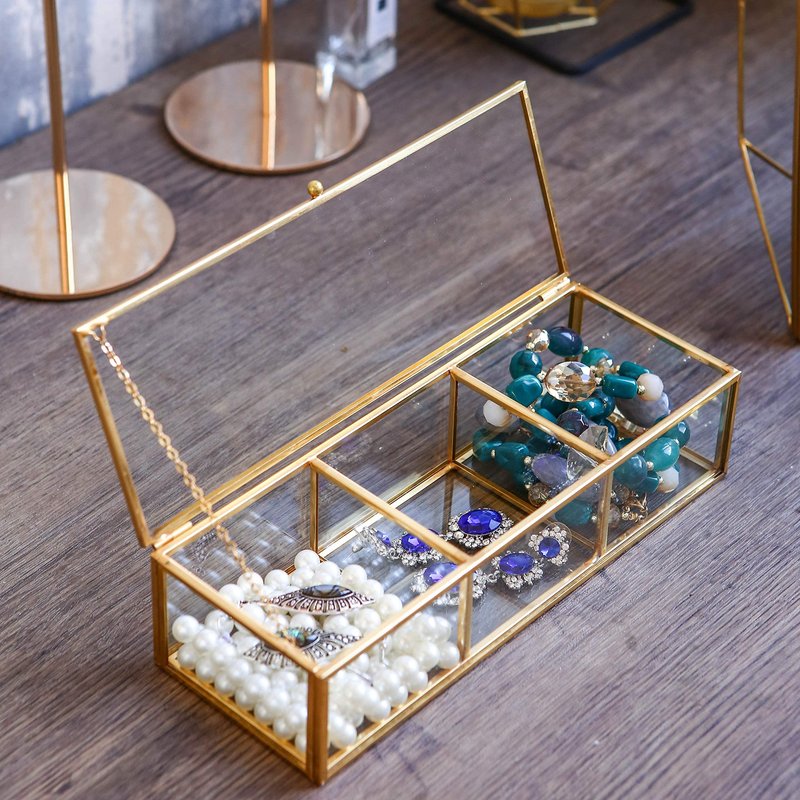 Utopz Vintage Golden Glass Lidded Box Clear Glass & Brass Metal Storage Jewelry and Cosmetic Makeup Organizer with Lid Beauty Display, Rectangle with 3 Compartment