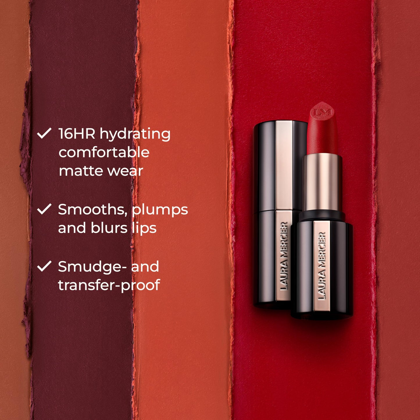 Laura Mercier Caviar Smoothing Matte Lipstick, 16HR Hydration, Long Lasting, High Impact Color, Smudge- & Transfer-Proof, With Hyaluronic Acid + Vitamin E, 520 Scarlet Velvet - Bright medium blue-red