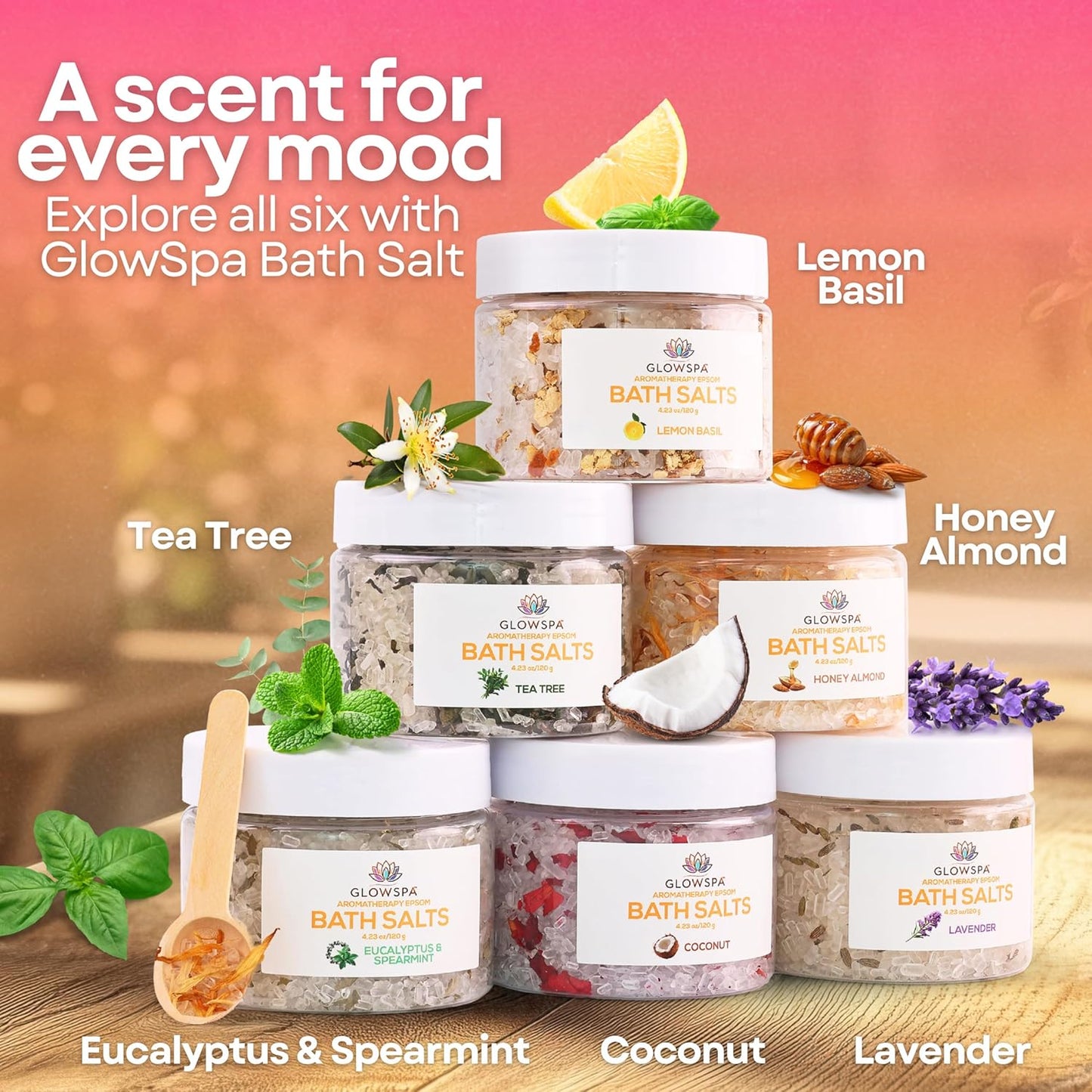 Epsom Salt Bath Soak Gift Set - 6 Relaxing Scented Bath Salts | Lavender, Rose, Chamomile, Eucalyptus, Coconut, Orange