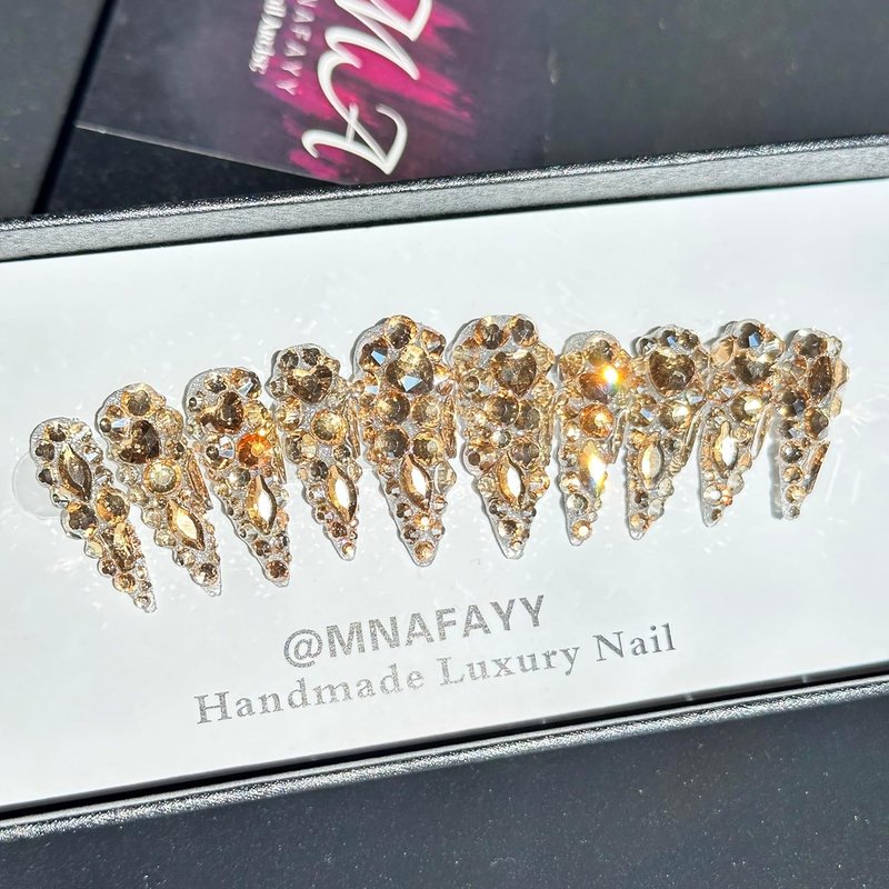 Luxury Gems Handmade Gold Stiletto Press-On Nails - 3D Rhinestone Full Cover Acrylic Nail Kit | Reusable, Gorgeous Design, Size L