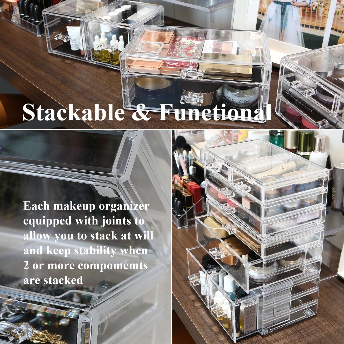 Sea Team 3-Layer Stackable Clear Makeup Organizer with Drawers, Acrylic Plastic Cosmetic Display Case, Jewelry Storage Box, Holder for Dresser, Bathroom, Vanity, Countertop (8 Drawers)