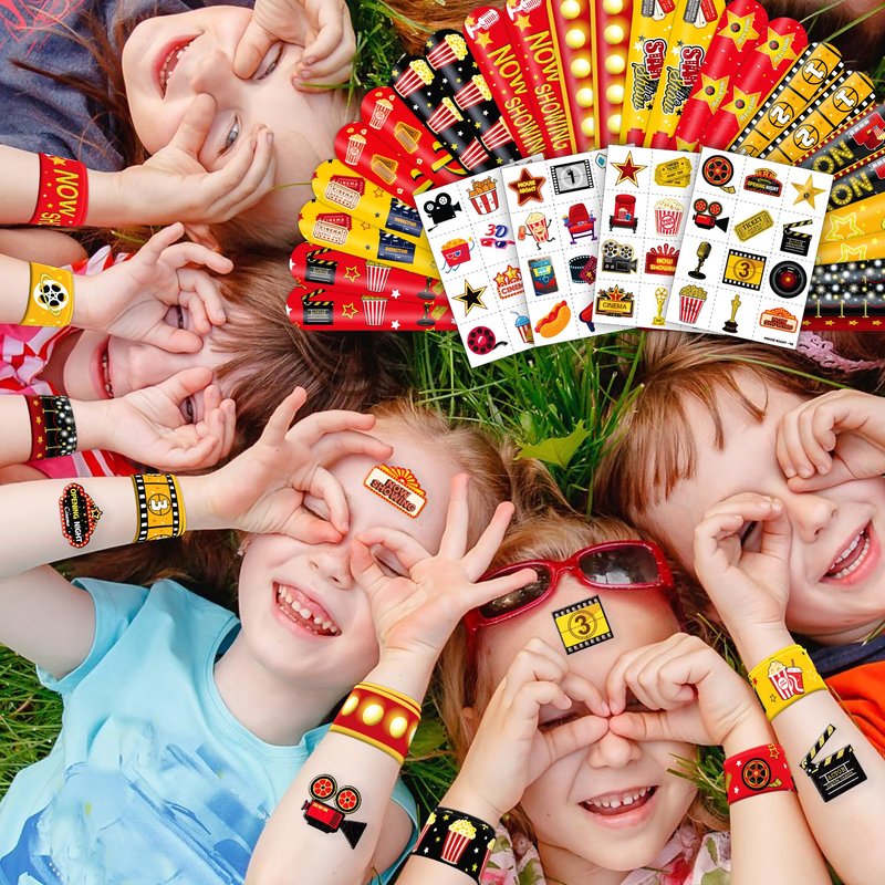72PCS Movie Night Party Set - 48PCS Temporary Pre - Cut Tattoos & 24PCS Slap Bracelets - Fun Birthday Supplies, Baby Shower Gifts, Classroom Rewards & Movie-Themed Decor for Kids (Boys & Girls)
