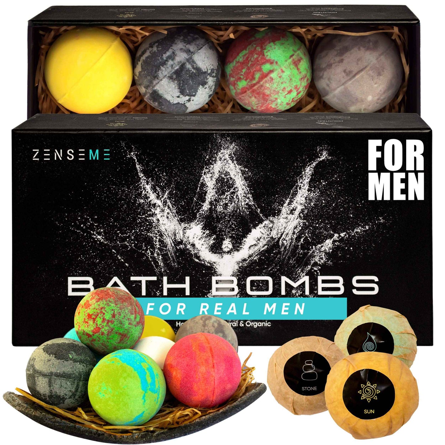 Bath Bombs for Men, Gift Set of 8 Scented Organic Handmade Bath Bombs of 2.5 oz with Natural Essential Oils for Boyfriend, Husband, Father or Friend, by ZenseMe