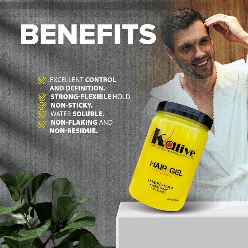 KALIVE Men's Hair Styling Gel - Strong Hold & Light Shine | 32 oz, Fresh Scent, No Flaking