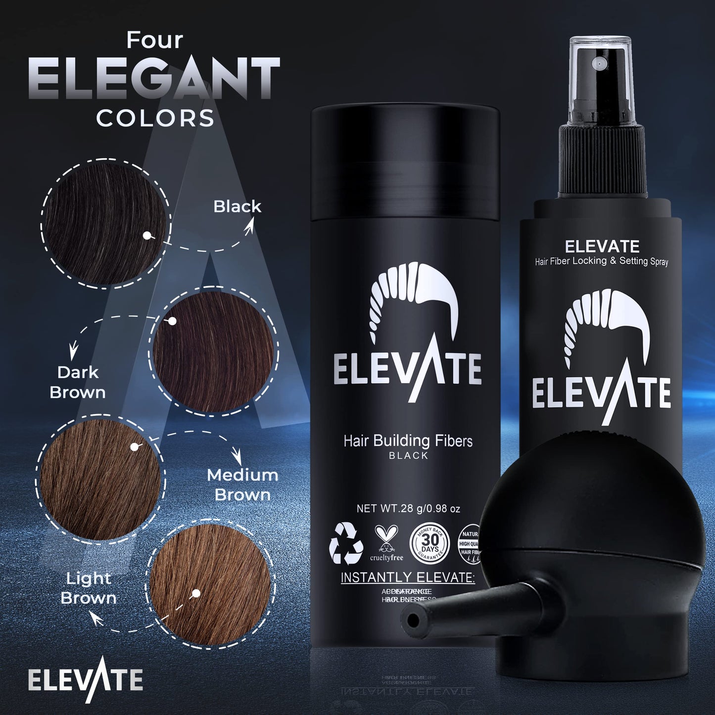 ELEVATE Hair Perfecting 3-in-1 Kit Includes Natural Hair Thickening Fibers & Spray Applicator Pump Nozzle & Locking Setting Hold Spray | Instantly Conceal Balding and Thinning Areas (Black)