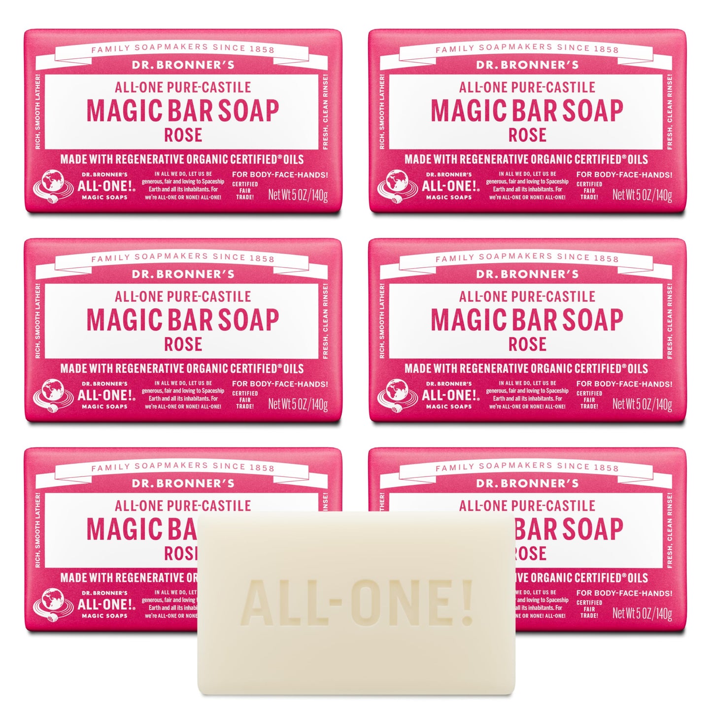 Dr. Bronner's Pure-Castile Magic Soap Bars (Rose, 5 oz, 6-Pack)- Made with Regenerative Organic Certified Oils- For Face, Body & Hair - Gentle, Vegan- Bar Soaps for Men & Women