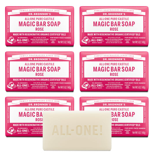 Dr. Bronner's Pure-Castile Magic Soap Bars (Rose, 5 oz, 6-Pack)- Made with Regenerative Organic Certified Oils- For Face, Body & Hair - Gentle, Vegan- Bar Soaps for Men & Women
