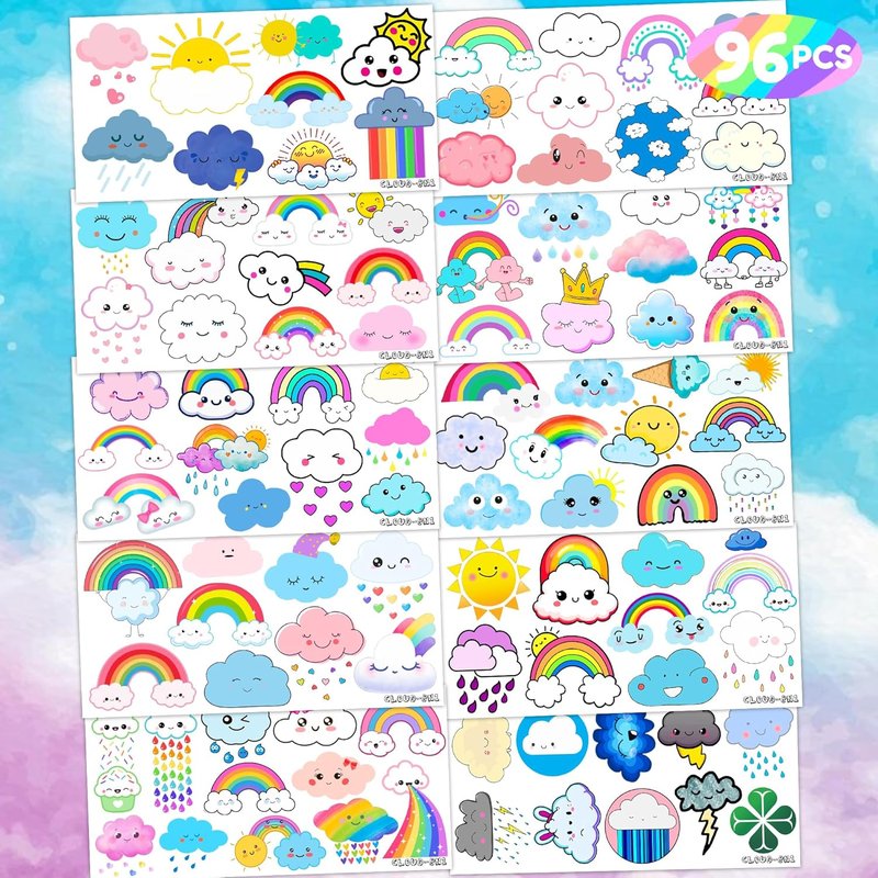 Cute Cloud Temporary Tattoo Stickers - 96 PCS Pastel Rainbow Party Decor | Kids Birthday Favors & Classroom Rewards