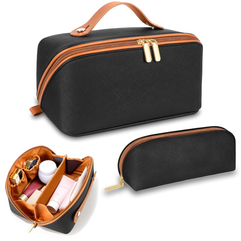 ALEXTINA Travel Makeup Bag, Large Capacity Cosmetic Bags for Women, 2Pcs Makeup Organizer Bag, Wide Open Flat Portable Pounch with Dividers, Waterproof Toiletry Bag for Women (Brown and Black)
