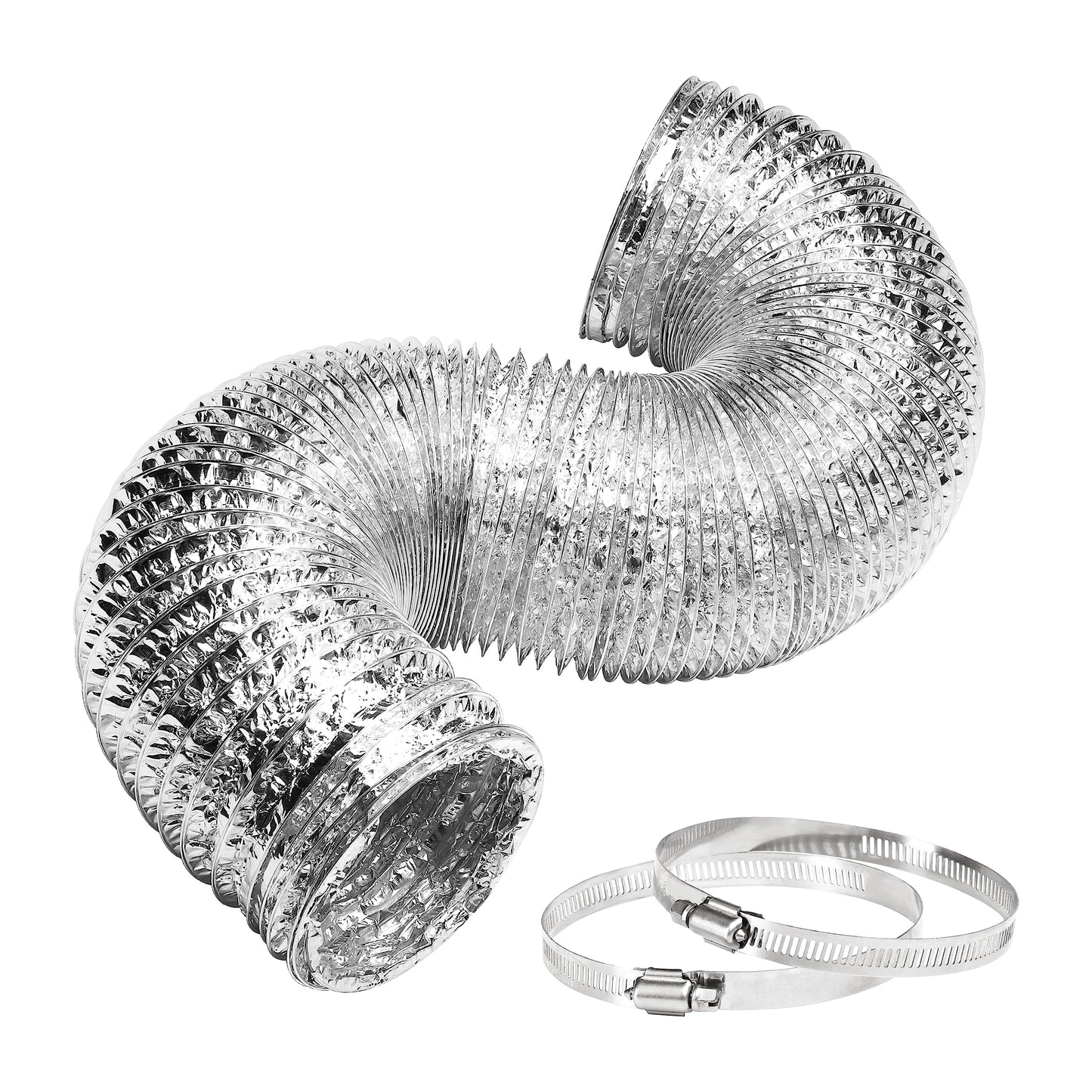 iPower GLDUCT4X8C 4 inch 8 feet Non-Insulated Flex Air Aluminum Foil Ducting Dryer Vent Hose for HVAC Ventilation with 2 Clamps, 4'' X 8', Silver
