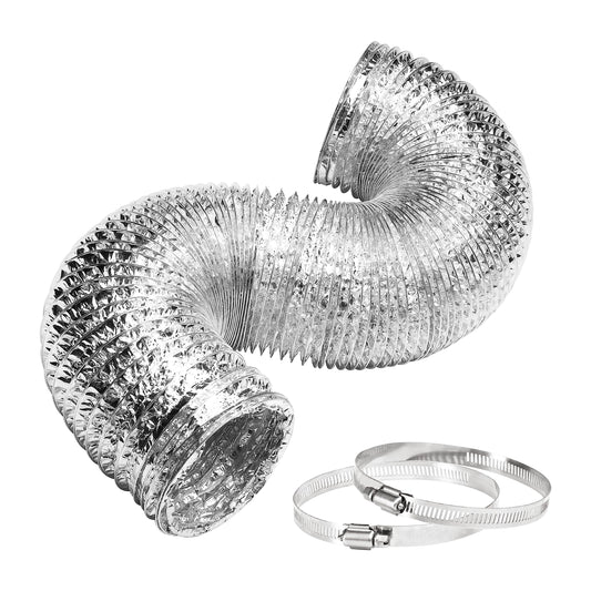 iPower GLDUCT4X8C 4 inch 8 feet Non-Insulated Flex Air Aluminum Foil Ducting Dryer Vent Hose for HVAC Ventilation with 2 Clamps, 4'' X 8', Silver