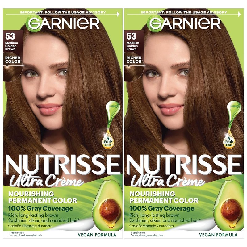 Garnier Nutrisse Hair Color - Permanent Vegan Dye for 100% Gray Coverage | 53 Medium Golden Brown, 2 Count