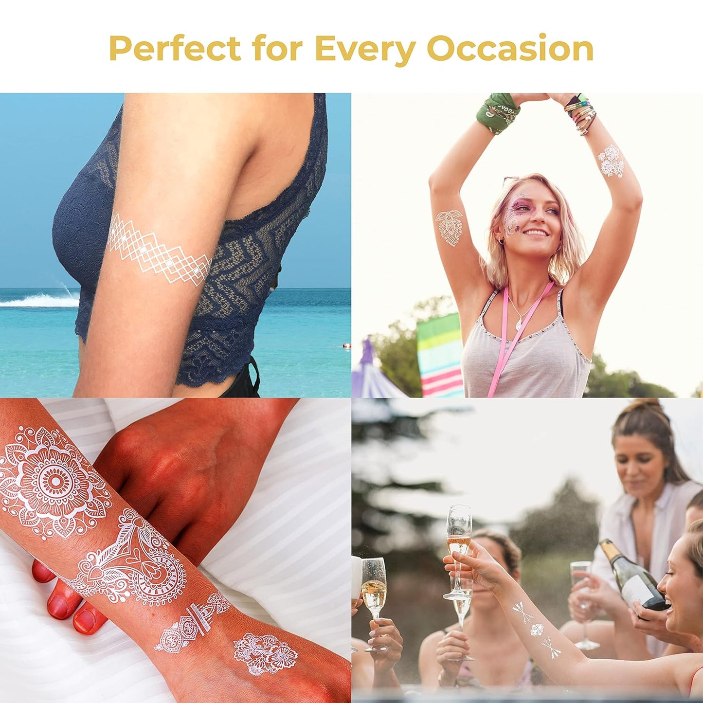 White Lace Temporary Tattoos - 9 Sheets of Realistic Waterproof Stickers for Brides & Teens | Elegant Jewelry Designs