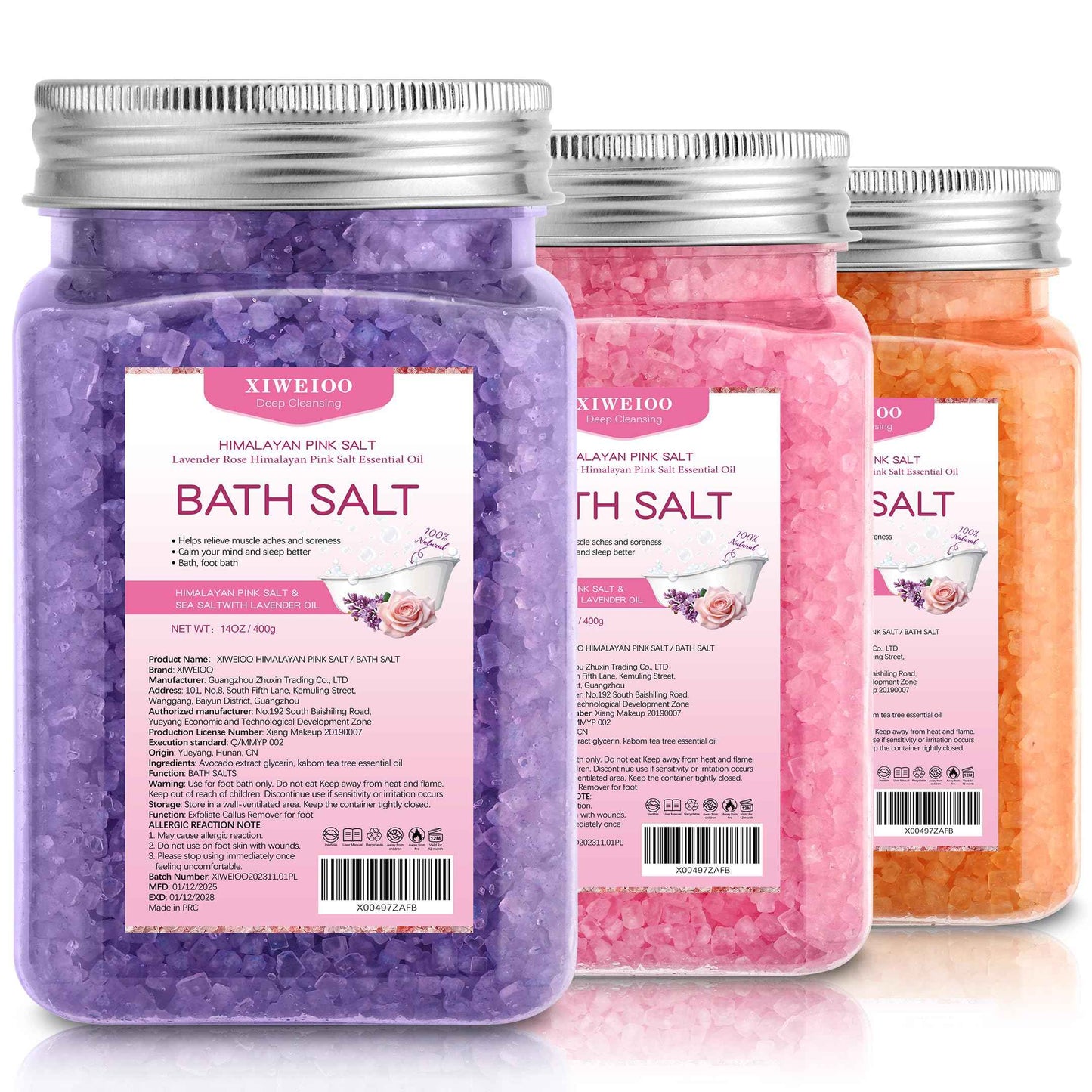 XIWEIOO Bath Salt 3 Pack Kit Himalayan Pink Salt Foot Soak Lavender Orange Rose Scent Tea Tree Oil Epsom Salt Bubble Bath for Women Dead Sea Salt Moisturizing Skin Softens Calluses Mom Bath Sea Salt