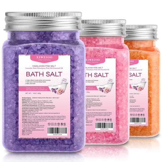 XIWEIOO Bath Salt 3 Pack Kit Himalayan Pink Salt Foot Soak Lavender Orange Rose Scent Tea Tree Oil Epsom Salt Bubble Bath for Women Dead Sea Salt Moisturizing Skin Softens Calluses Mom Bath Sea Salt