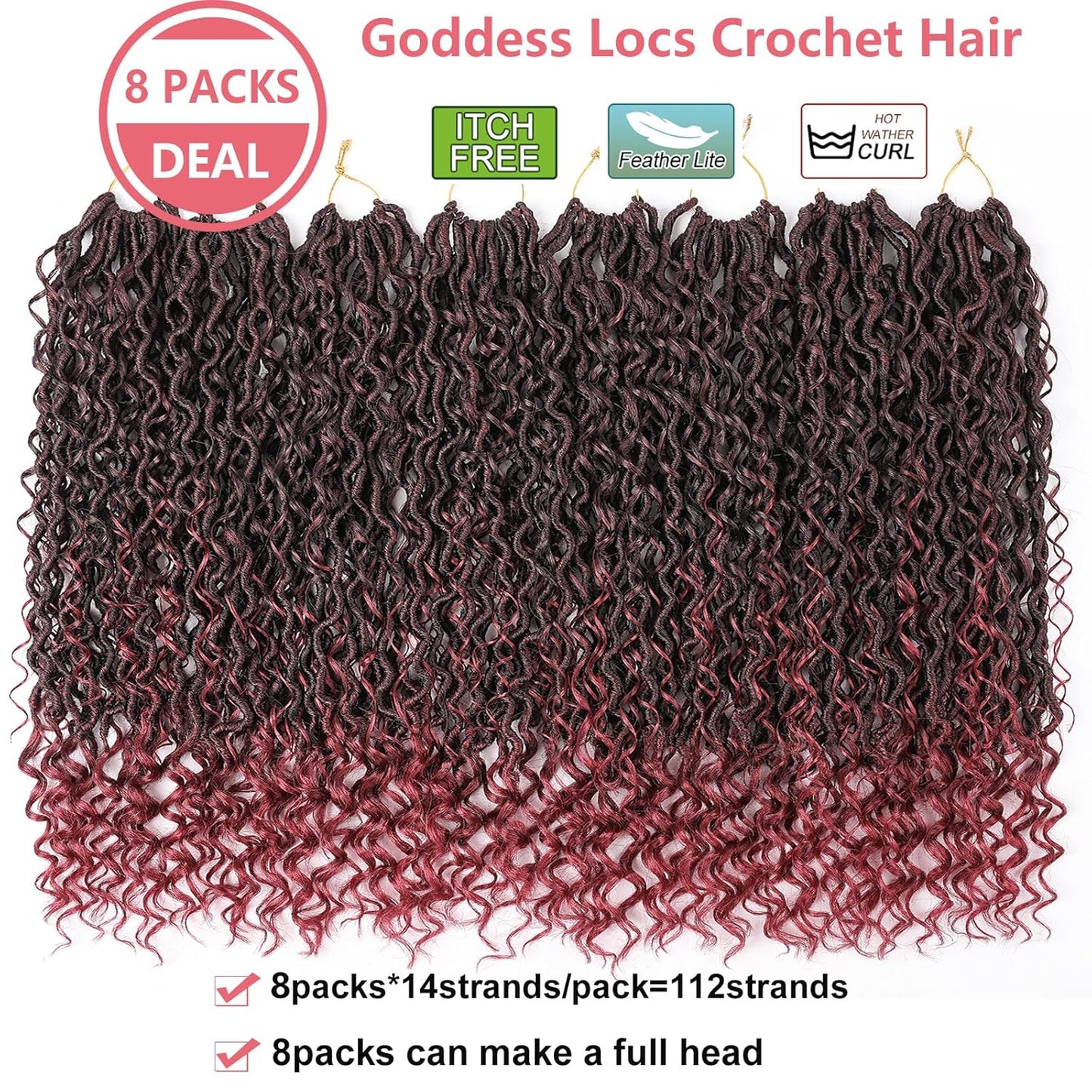 Ombre Burgundy Red Boho Goddess Locs Crochet Hair - 22 Inch, 8 Packs Synthetic Faux Locs with Curly Ends