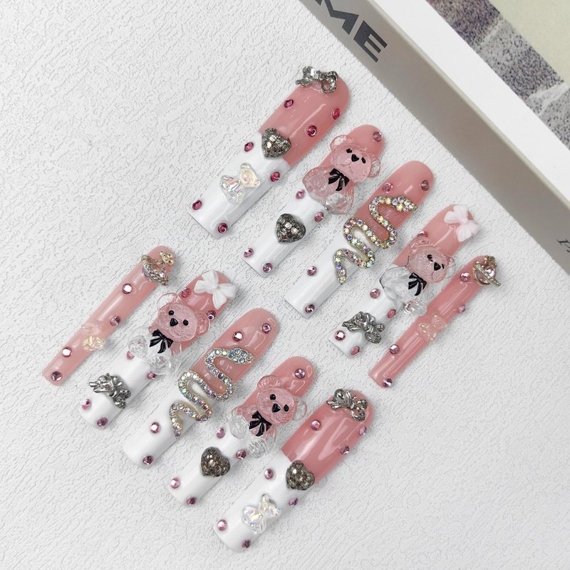 GGddsha 2026 Long Pmma Acrylic Handmade Nail Design Novelty with Rhinestone Bear Love Snake Design Glossy Nail, Reusable Nail Set with Box Gift for Women (White-pink, M)