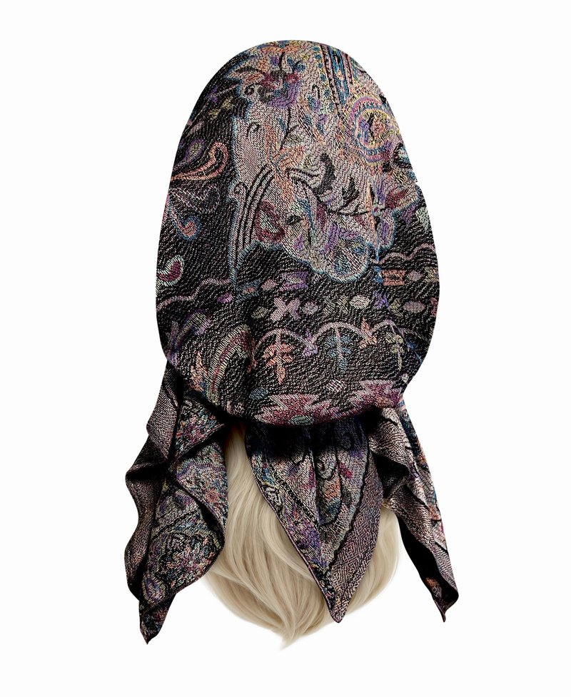 ShariRose Black Headcover Cashmere Non Slip Headscarf for Women Paisley Purple Floral Pre-tied Bandana (Black purple paisley)