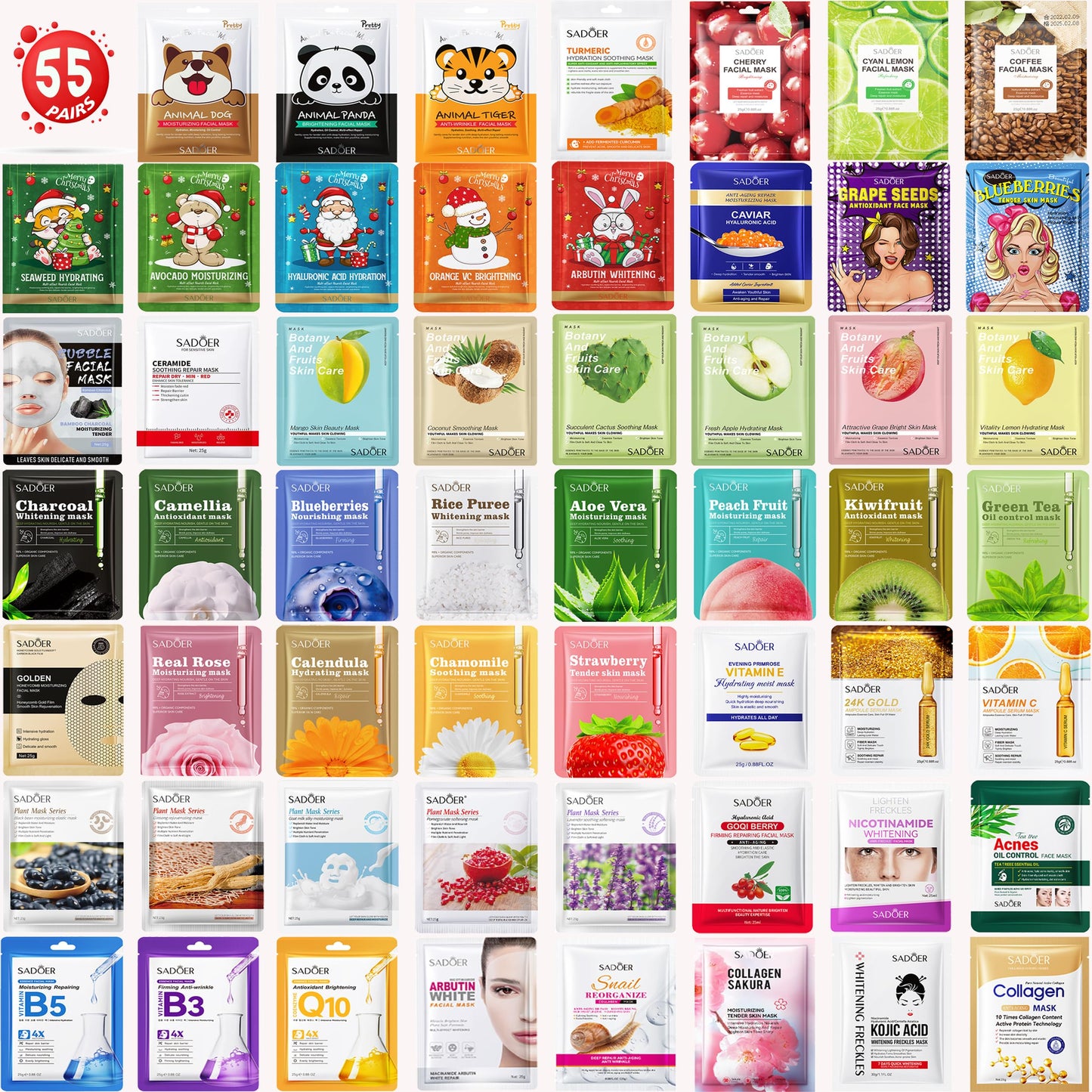 Meleell 55 Pack Collagen Face Masks Skincare Bulk,Sheet Masks Variety Set with Animal, Bubble, Christmas & Fruit Facial Masks, Skincare Gift Box for Women, Teens & Spa Lovers