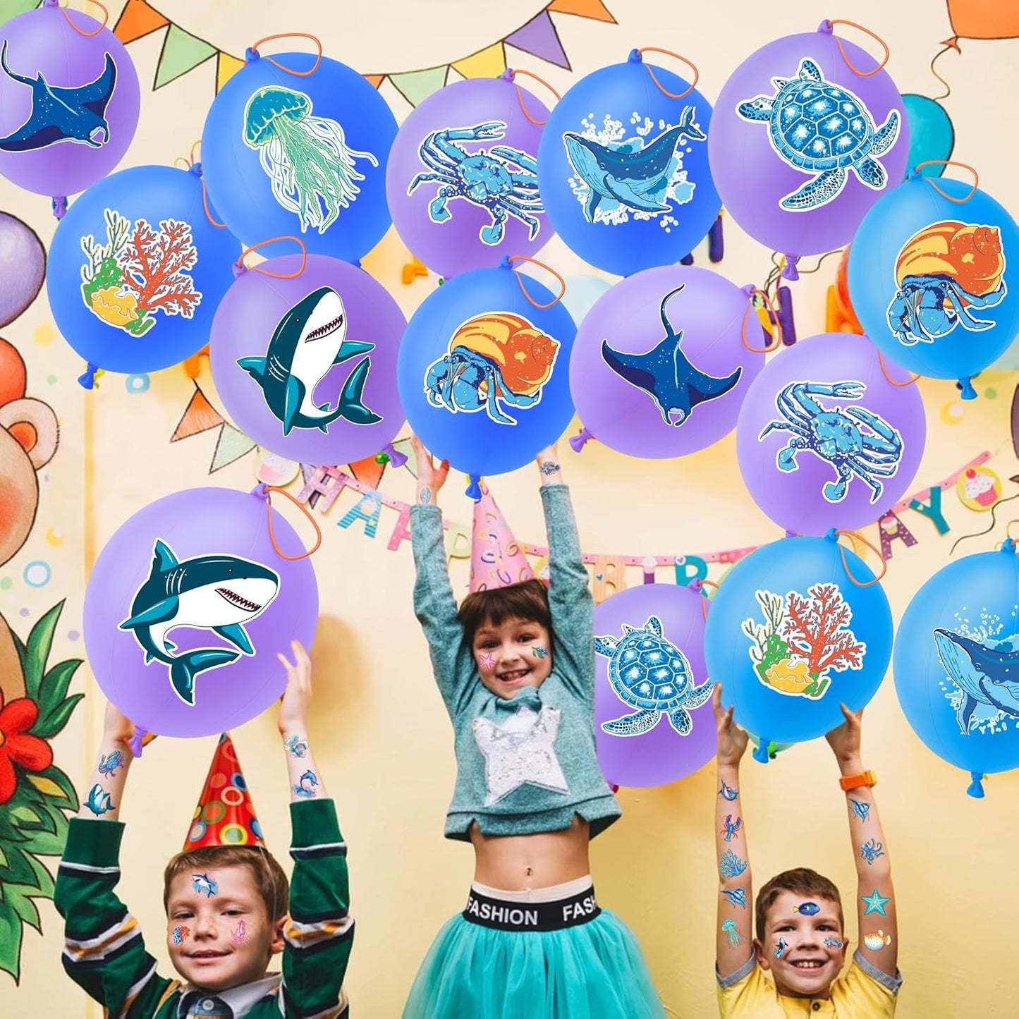 Ocean Party Favors for Kids - 72 PCS with 48 Pre-Cut Temporary Tattoos & 24 Punch Balloons | Birthday Decorations & Goodie Bag Fillers