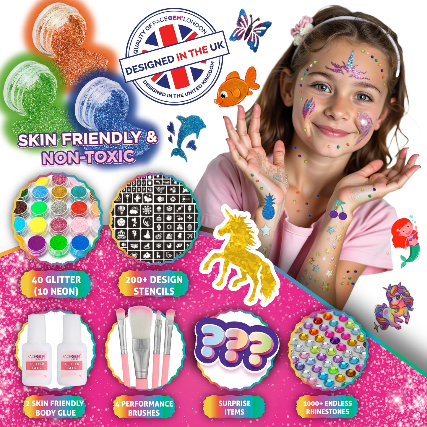 40 Colour - Glitter Tattoos for kids, Glitter tattoo kit, Temporary Tattoos for kids, Face glitter, 200+ Stencils, 40 Colour (10 neon), Rhinestones, Girls birthday present, Face Glitters