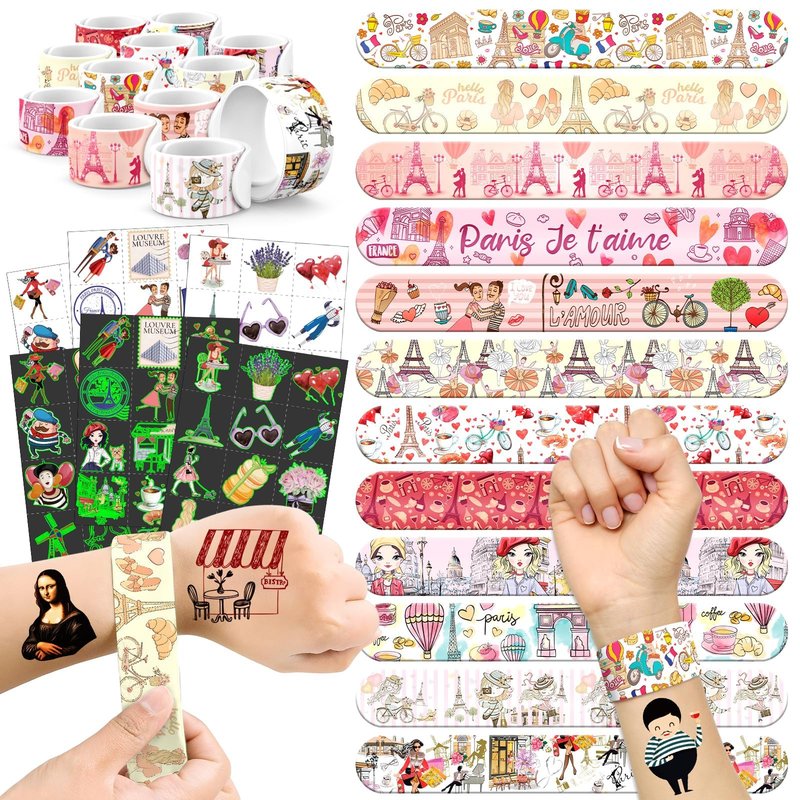 BOIKOKY 96 PCS Paris Party Favors Set – 72 Temporary Tattoos & 24 Slap Bracelets for Kids, Paris Themed Party Decorations & Gifts, Ideal Paris Souvenirs and Decor Toys