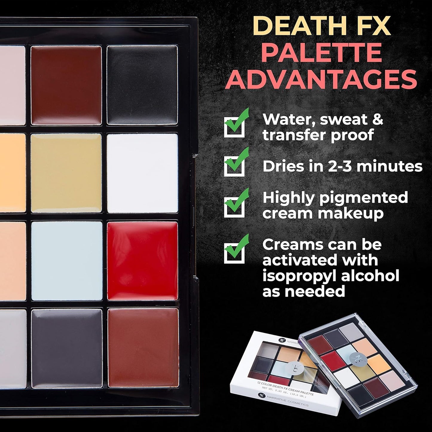 Narrative Cosmetics 12-Color Death FX Cream Palette - Waterproof Zombie & Undead SFX Makeup for Halloween, Cosplay | Quick-Drying Cream Colors