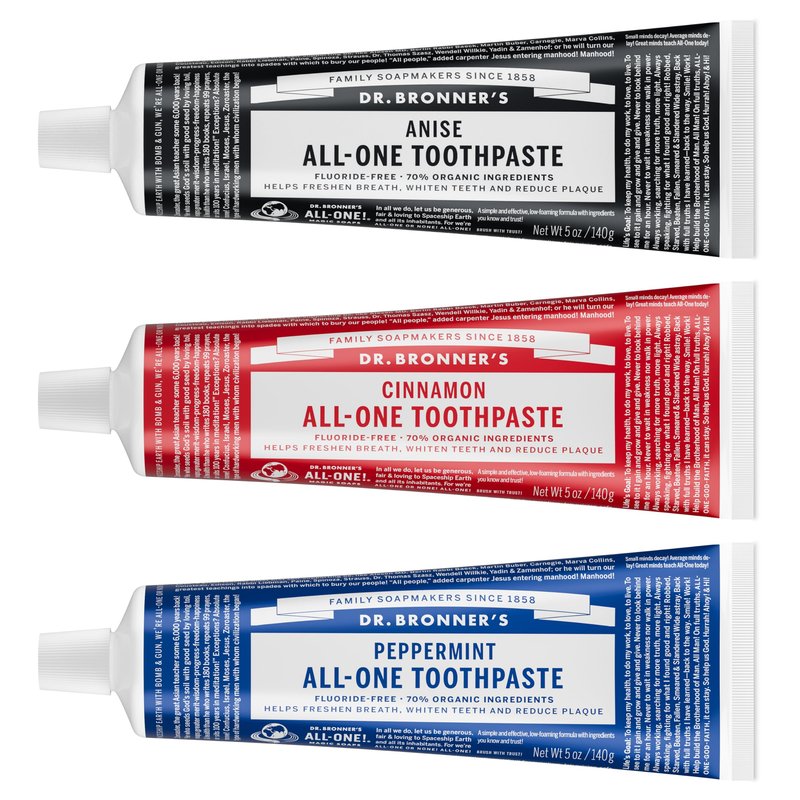 Dr. Bronner’s All-One Toothpaste 3-Pack Variety– (Peppermint, Cinnamon, Anise, 5oz Each)– 70% Organic Ingredients, SLS Free Toothpaste, Fluoride Free, Natural, Vegan, Gentle for Sensitive Teeth