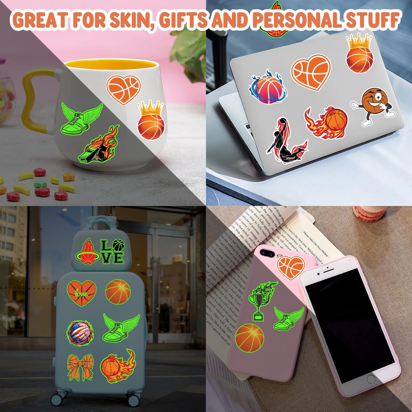 Basketball Temporary Pre - cut Tattoos - Olympic MVP Sports Game -Themed Stickers for Kids' Birthday Party Supplies, Decorations, Favors, and Prizes - Cute Gifts for Boys and Girls (Glow in the dark)