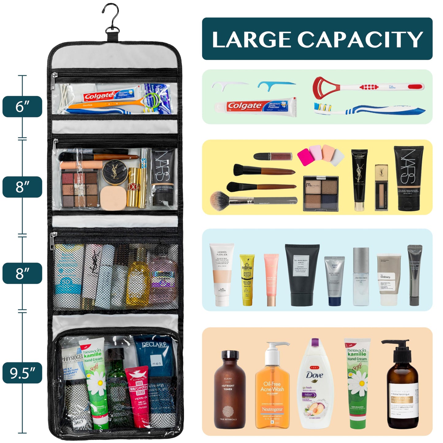 PAVILIA Travel Hanging Toiletry Bag for Women Men, Extra Large Capacity Makeup Bag Kit, Waterproof Cosmetic Storage Organizer Case for Bathroom Shower, Black