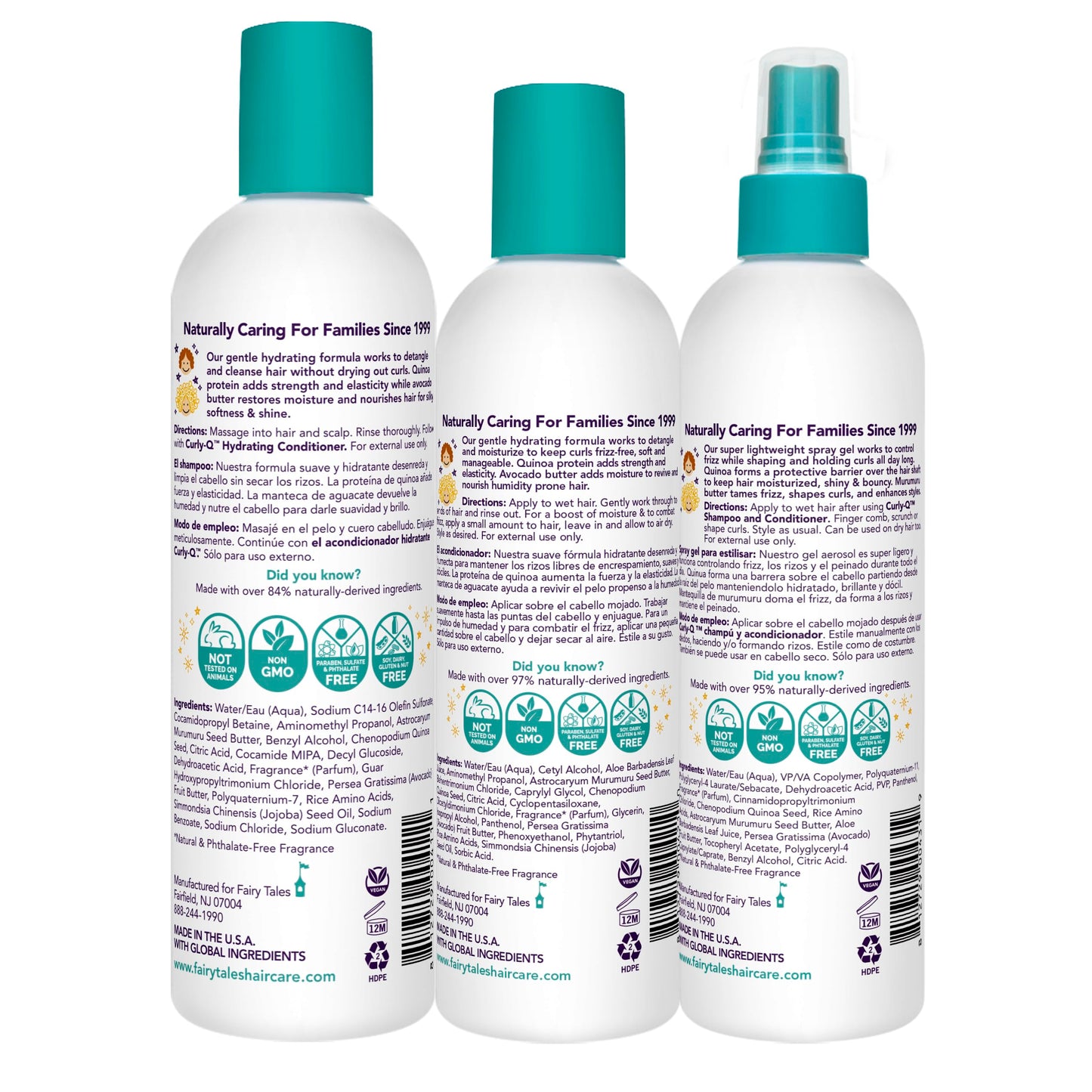 Fairy Tales Curly Q Hydrating Kids Shampoo 12oz, Conditioner 8oz, and Styling Spray Gel 8oz - Paraben, Sulfate, Gluten, and Nut Free - For All Curl Types Including Multi Cultural Hair (3 Pack)