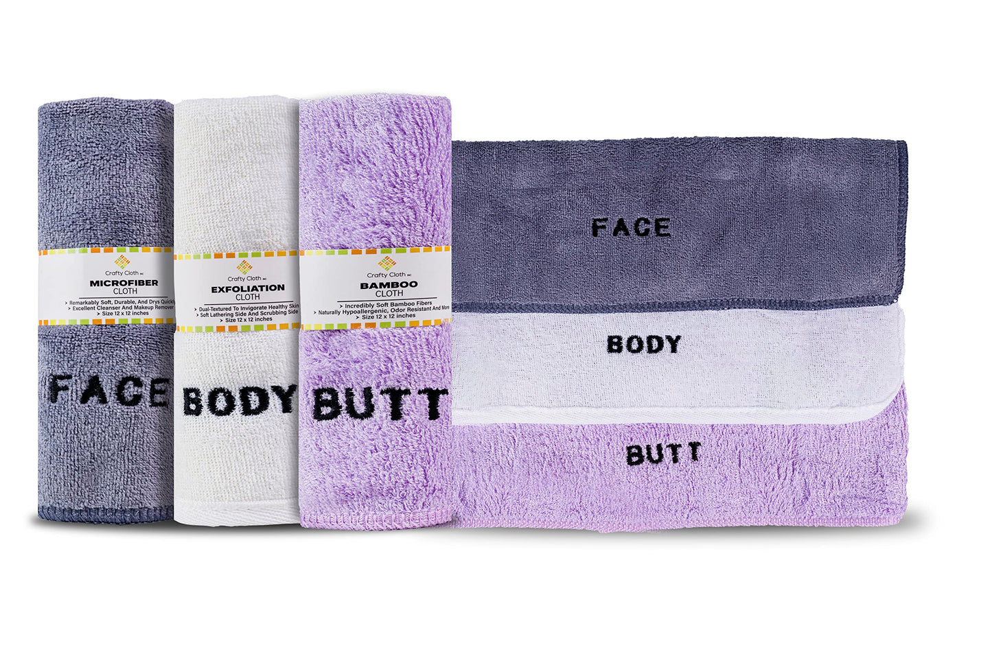 Crafty Cloth 6-Piece Washcloth Set – Face, Body, Butt Cloths | 3 Distinct Textures | Ultra-Soft, Rigid Exfoliation, and Hygiene Cloths for Sensitive Areas (Gray,White,Purple, Embroidered 6-Piece Set)