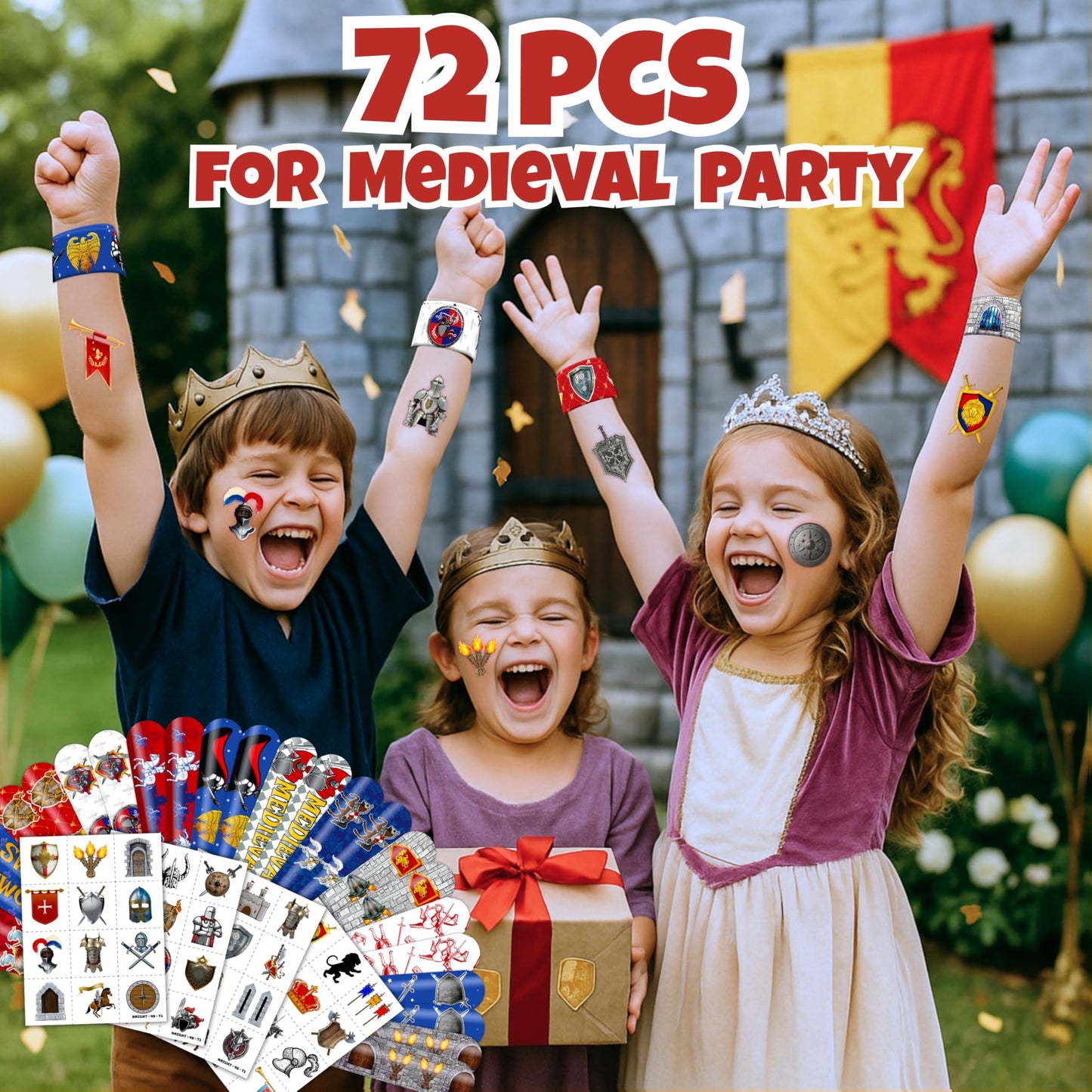 72PCS Medieval Knight Party Set - 48PCS Temporary Tattoos & 24PCS Slap Bracelets - Fun Castle-Themed Birthday Supplies, Baby Shower Gifts, Classroom Rewards & Party Decor for Kids