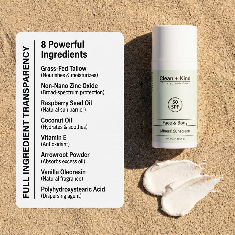 Clean + Kind Tallow Sunscreen SPF 50 — Travel Size Mineral Sport Sunblock, Non-Nano Zinc Oxide, Reef-Safe, 80 Min Water-Resistant Body Protection (3.4 oz)