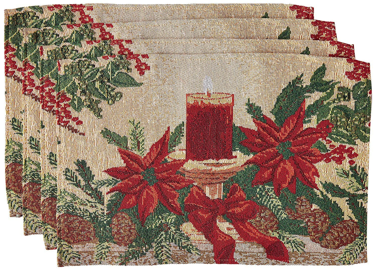 Violet Linen Decorative Christmas Poinsettias Candles Design Tapestry 13" X 19" Placemats - Set of 4