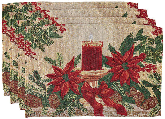Violet Linen Decorative Christmas Poinsettias Candles Design Tapestry 13" X 19" Placemats - Set of 4