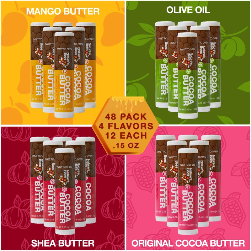 Nature's Bees, Cocoa Butter Flavored Lip Balm Tubes Set Bulk Assortment Chap Treatment Moisturizer For Dry Lips, Original Variety Assortment (Shea Butter, Original, Olive Oil, Mango Butter) - 48 Pack