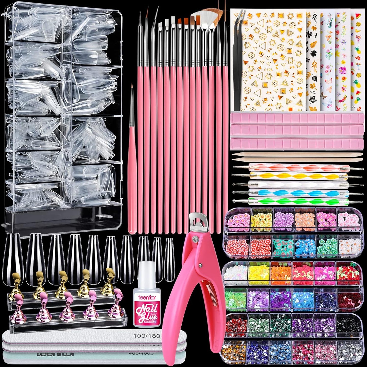 Acrylic Press-On Nail Kit - Clear Coffin Tips, Art Brushes, Glitter & Rhinestones | Complete Nail Supplies